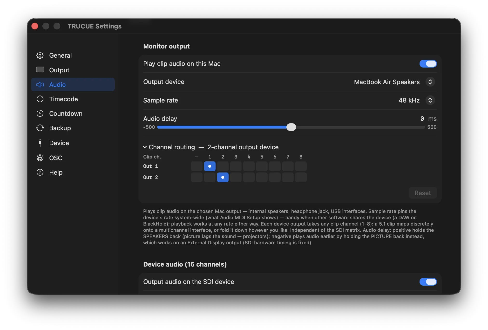 TRUCUE audio settings: monitor output with a ±500 millisecond audio-delay slider and a per-device channel routing grid, with the 16-channel SDI device audio section below