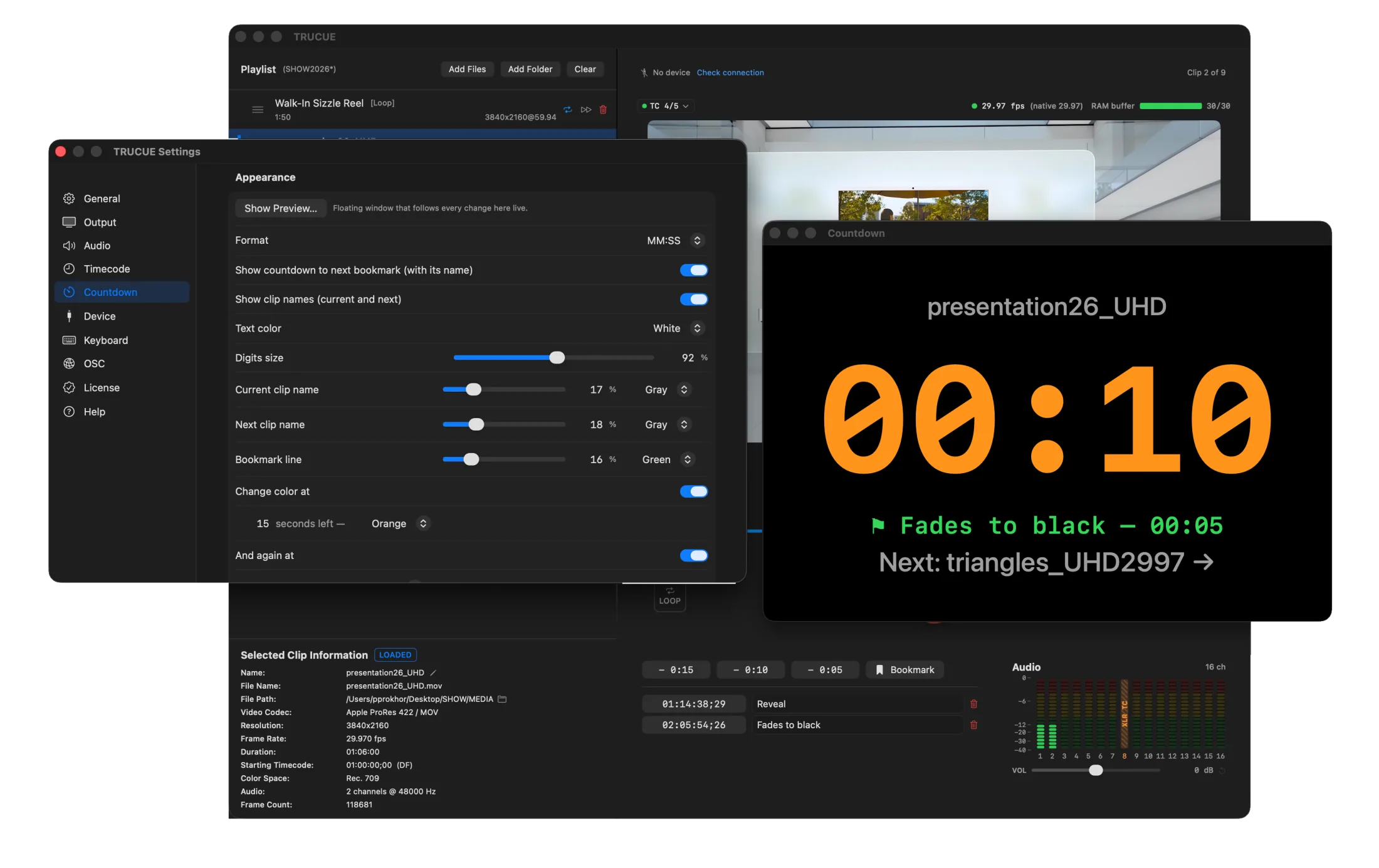 TRUCUE countdown: settings with color thresholds and per-line styling next to a floating countdown window showing large orange digits, a green named-bookmark line, and the next clip