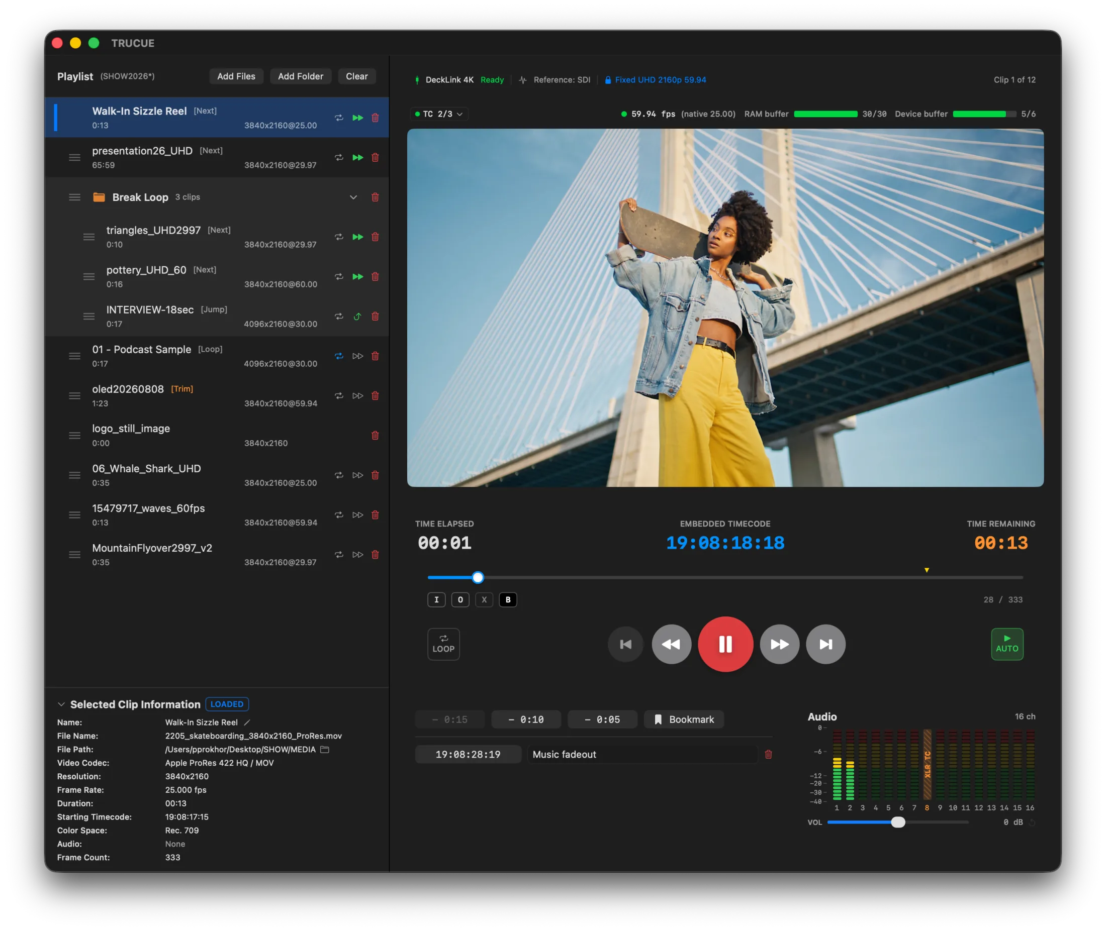 TRUCUE main window on a DeckLink 4K locked to Fixed UHD 2160p59.94: a show playlist with folders on the left, a large confidence preview, embedded timecode readouts, transport controls, and 16-channel audio meters with a per-clip volume slider